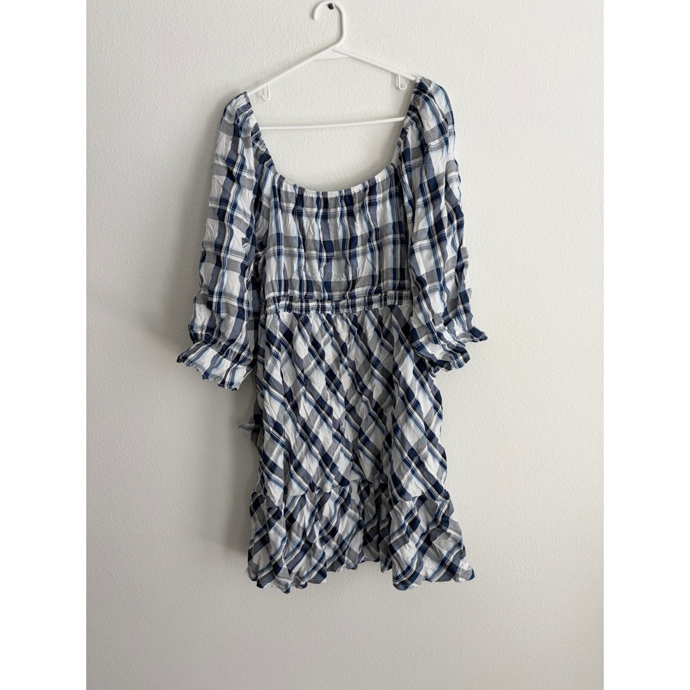 Suzanne Betro Blue White Plaid Ruffle Mini Dress Plus Size 2X Peasant Sleeve
